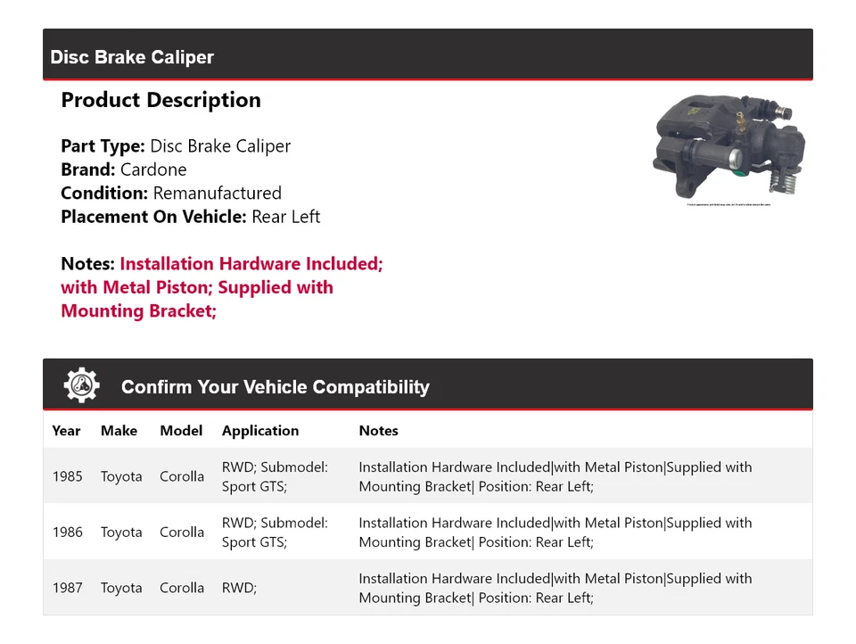 Pinza de freno de disco trasera izquierda Cardone 1986 para Toyota Corolla 1985-1987 tracción trasera Foto 2 de 4