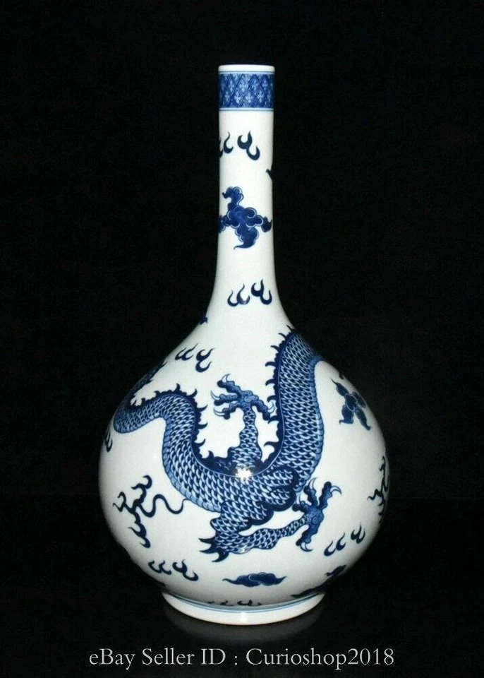 Botella Jarrón 13.8" Qing Qianlong Marcado Azul Blanco Porcelana Patrón Dragón Foto 3 de 4