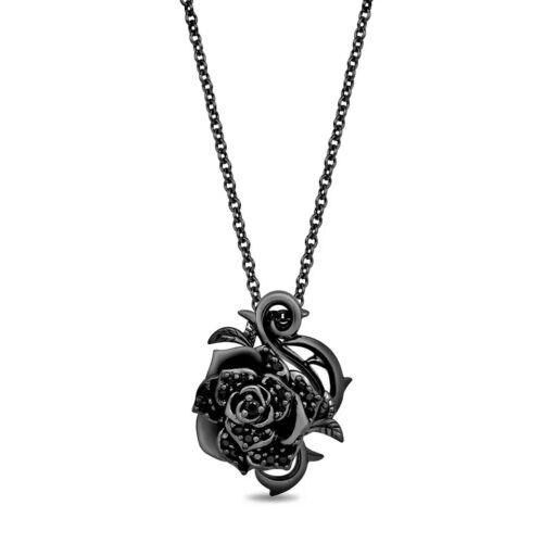 Women Rose Flower Pendant 18" 1 CT Simulated Black Diamond 14K Black Gold Plated - Picture 3 of 6