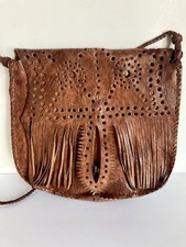 Vintage 1970s Tooled Leather Owl Purse Shoulder Bag Fringed Boho Hippie 9.5"