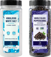 Himalayan White Salt 20 Oz + Whole Black Peppercorns 9.5 Oz, Coarse Grain, White