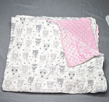 Pink White Bear Print Baby Blanket, Gray Minky Dot Backing