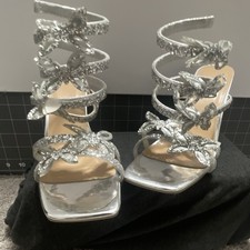 Women s Silver Glitter Strappy Square Toe Block Heel Sandals Size 10 Std NIB