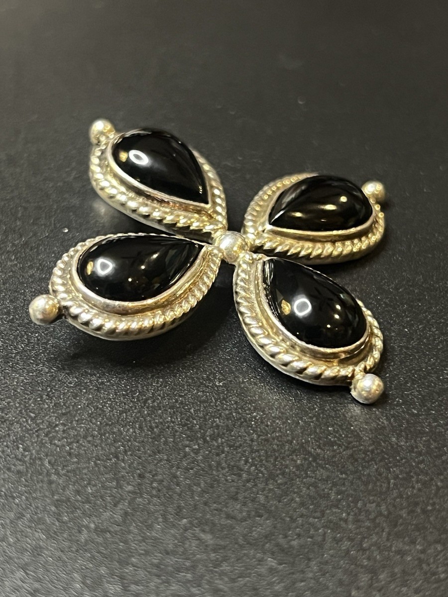 Vintage Taxco Sterling Silver 925 Clover Shape Enhancer Black Glass View 2