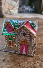 Vtg Christmas Putz House Sequin Gift Trinket Box Bombay Company 2 Pieces 4 In