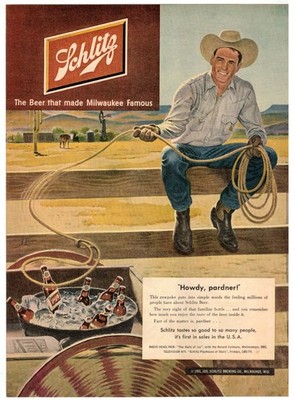 Vintage 1951 Schlitz Beer Howdy Pardner Cowboy with Lasso print ad Milwaukee WI