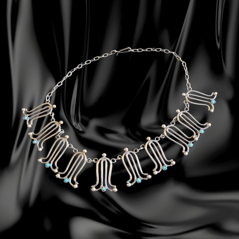 Vintage Silver Bell Shapes Bibb Necklace Mexico.  Turquoise Cabachons Link Chain
