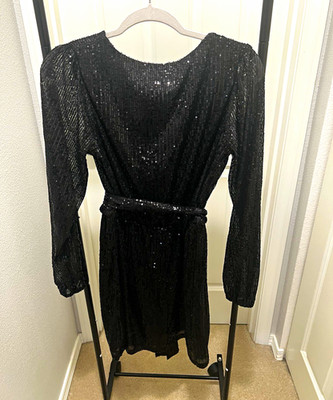 Crystal Sky Black Sequin Belted Mini Dress Long Sleeve Round Neck Size M