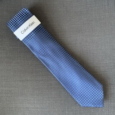 Calvin Klein Men's Neck Tie Blue Grid Silk Blend MSRP $69.50