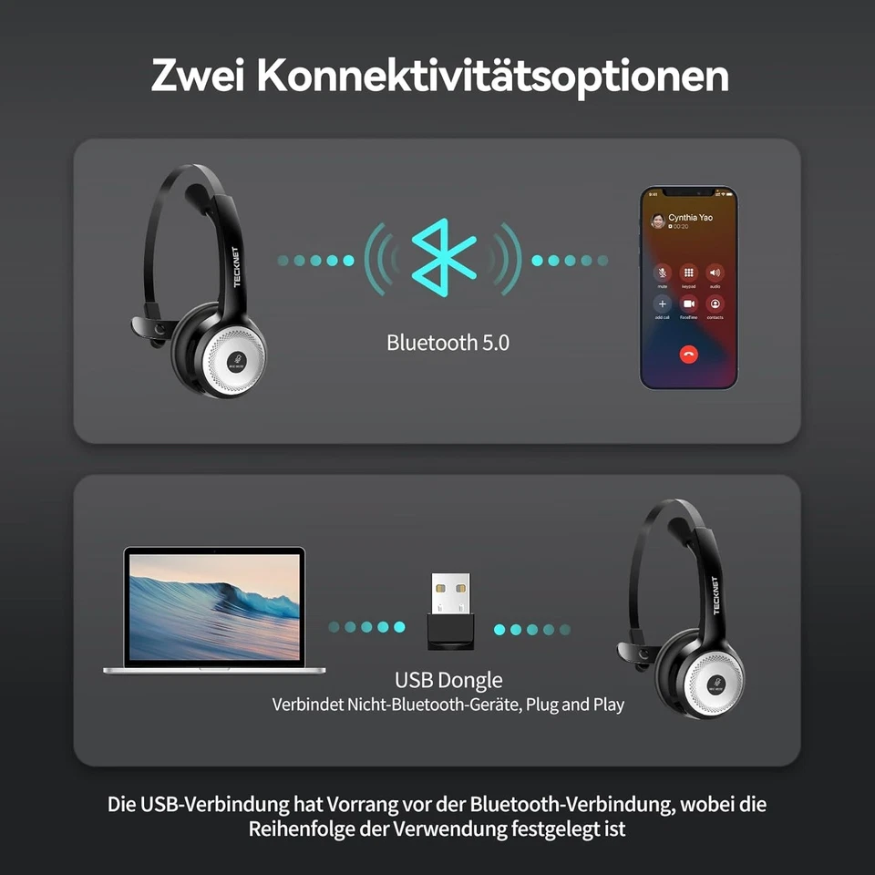 Bluetooth Headset mit Ladestation Geräuschunterdrückung Mute PC Telefon - Bild 3 von 4