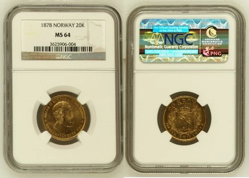 Norway GOLD 20K 1878 Oscar II NGC MS 64