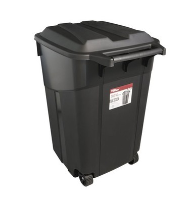  Tough 45 Gallon Wheeled Heavy Duty Plastic Garbage Can, Attached Lid,Black