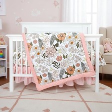 4-Piece Crib Bedding Set for Girls, Pink Baby Girl Bedding Set with Super Sof...