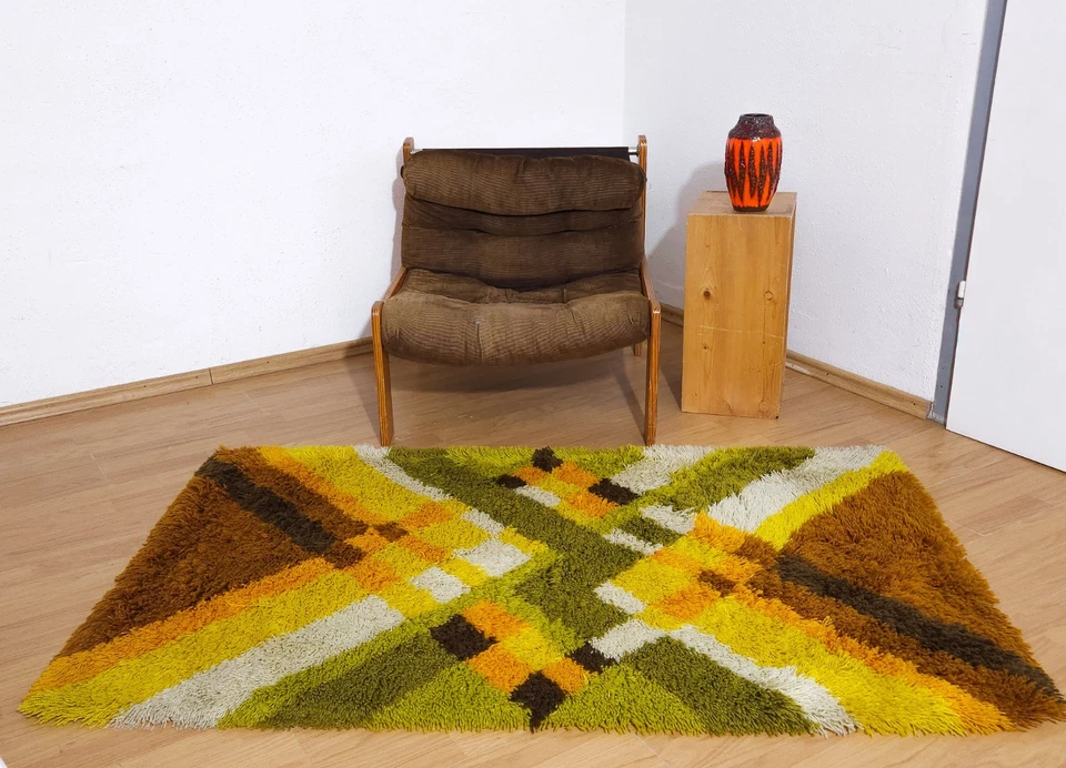 Alfombra de lana DESSO Allegro shag dralon verde naranja amarillo vintage años 70 mediados de siglo Foto 3 de 4