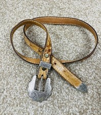 Vintage Western Alpaca Mexico Silver Buckle Tan Eel Skin Belt Size 28 Genuine