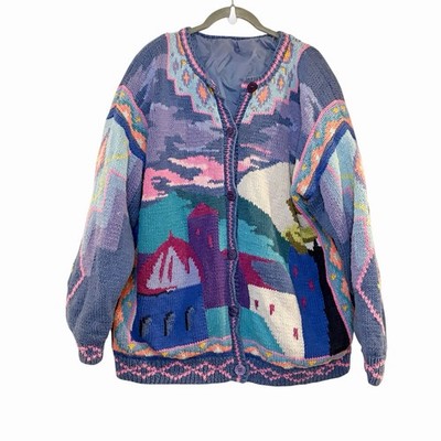 VTG 90s Landscape Italy Beach Funky Grandma Knit Cardigan Y2K Sweater M/L