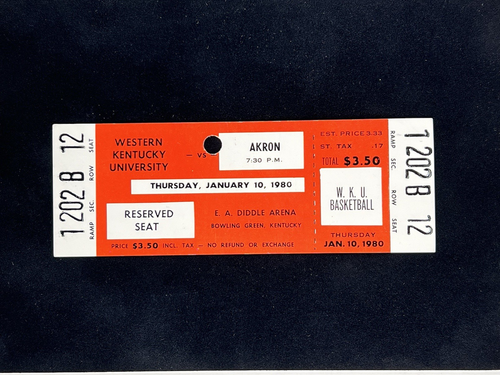 1-10-1980 Akron @ Western Kentucky NCAA College Basketball Ticket