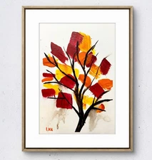 Laeknapes 10x7 Original Abstract Paper Museum Home Painting Artwork Autumn Tree