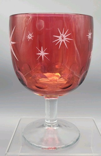 Vintage Bartlett Collin’s Atomic Starburst Cranberry Large Thumbprint Goblet 6” - Picture 2 of 5