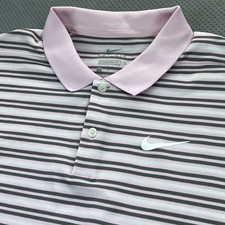 Nike Polo Shirt Mens L Pink Victory Striped Short Sleeve Dri-Fit Pullover