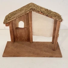 Vintage Christmas Nativity Creche Manger Stable Wood Moss Canvas