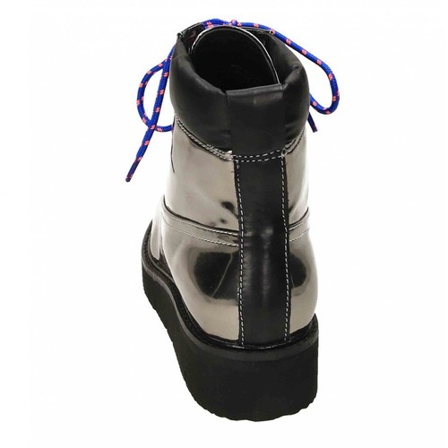 Womens Silver Pewter Low Wedge Ankle Boots Retro Laces Metallic Patent Shoes - Picture 7 of 12