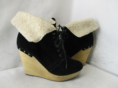 Naughty Monkey Black Suede Leather Lace Up Ultra High Wedge Heel Ankle Boots 8.5
