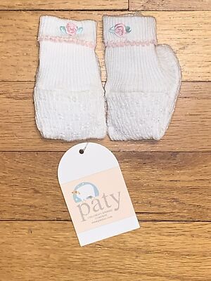 NWT Paty Inc. Baby Booties White with Pink Roses/Rosebuds/Rosettes/Flowers
