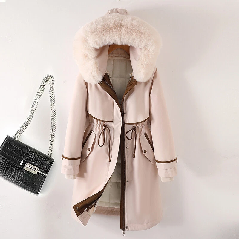 OFF WHITE Parka donna invernale piumino cotone giacca spessa pelliccia sintetica di volpe con cappuccio cotone cappotti