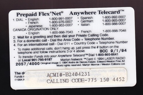 PHONE CARD Marilyn Monroe ACMI $7 card 1994 2057/4000 expired - Picture 2 of 2