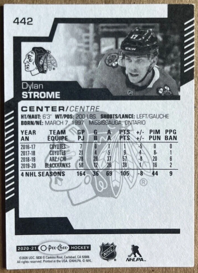 Signed 2020-21 O-Pee-Chee Dylan Strome Chicago Blackhawks #442 IP Auto COA - Image 2 of 2
