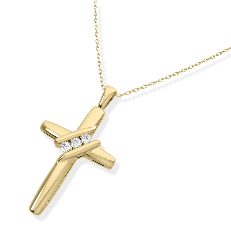 Collar Colgante Cruz Diamante Real Tres Piedras 0.05Ct Oro Sólido 10K Cadena 18" Foto 2 de 4