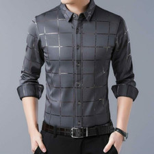 Mens Casual Plaid Long Sleeve Slim Fit Men Shirt Streetwear Social Dress Shirts
