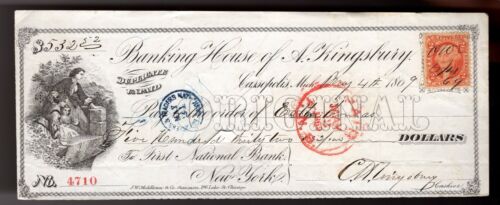 Bank Check,  1869 obsolete note from Banking House of A. Kingsbury #2 (NICE) *** - Picture 1 of 2