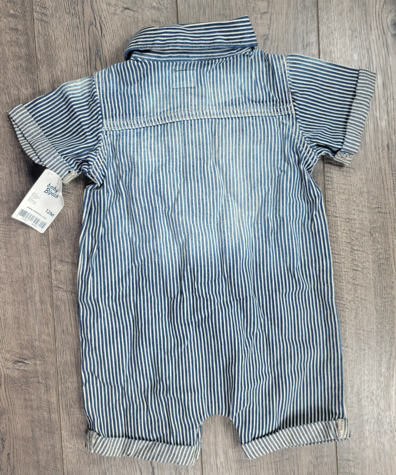 NEW Baby Boy Oshkosh 12 Month Blue Striped Jean Romper Outfit