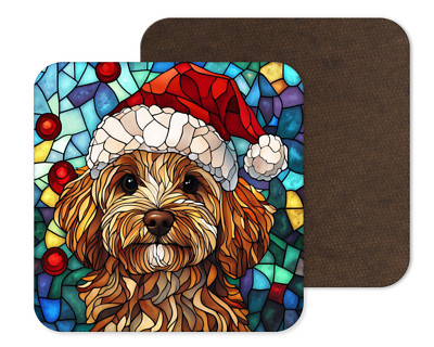 Stained Glass Cockapoo Cockapoo Dog Santa Hat Xmas Stained Glass Square Coaster Tea Coffee ...