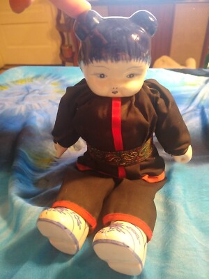 Vintage chinesische Mädchen Puppe blau weiß Porzellankopf Hände & Füße 12 Zoll 