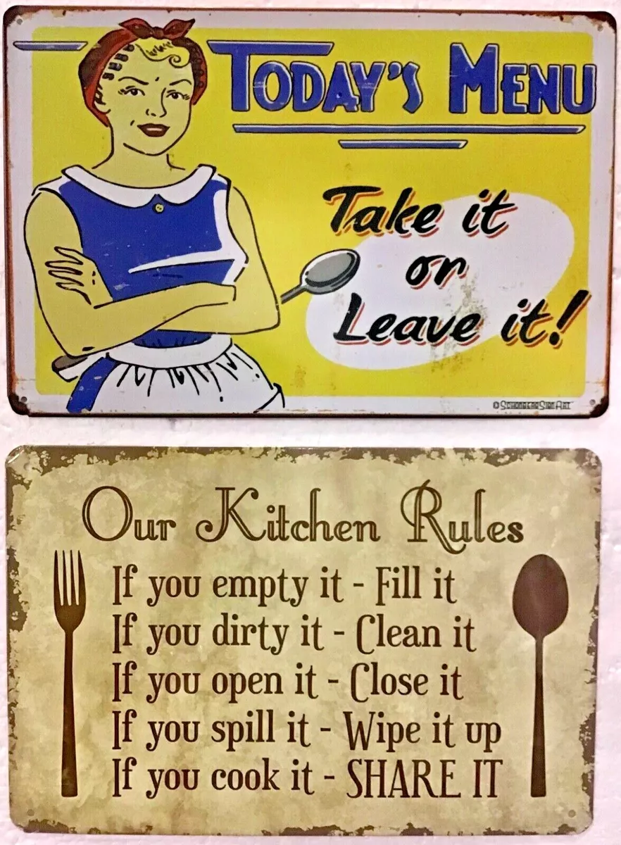 TWO 8x12 TIN SIGNS Funny kitchen rules dinner cooking meals family mom  mother