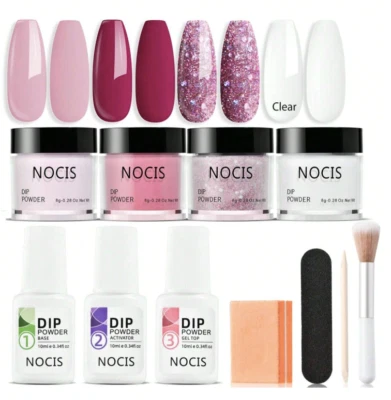 BITNOA NOCIS Dipping Powder Starter Nail Kit With Base, Top Coat, Activator Nail Brush 11 Pcs