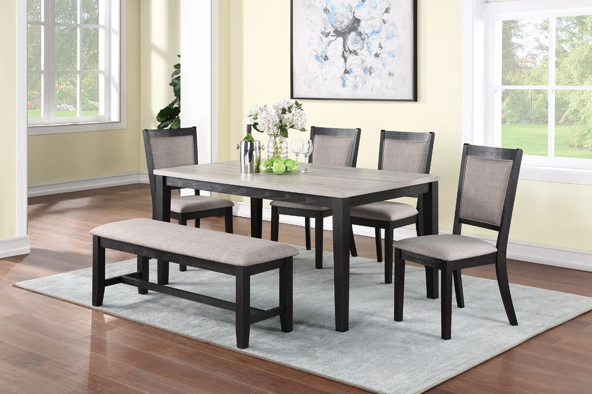 Contemporary Dining Table 4x Side Chairs Bench 6pc Dining Set Solid wood