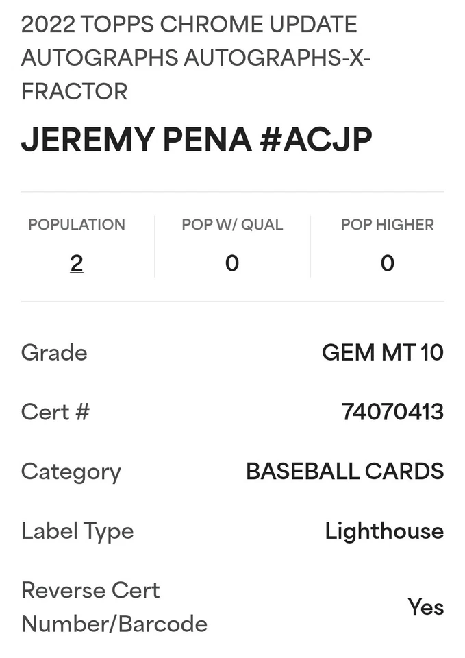 2022 Topps Chrome Update Jeremy Pena #/125 Rookie Refractor Xfractor Auto PSA 10 - Image 2 of 3
