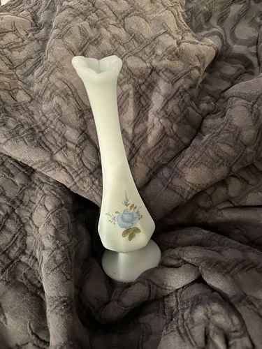 Vintage Fenton Bud Vase - Hand Painted & Signed - Blue Roses on Blue Satin Glass