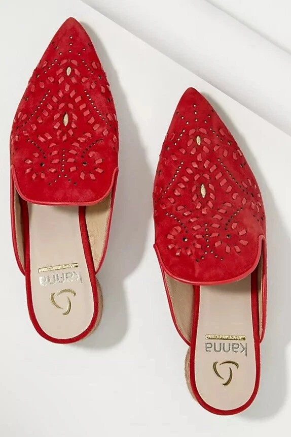 Kanna Talla 38 = 7 - 7.5 Rojo Gamuza Corte Láser Mules Rafia Borde Tacones Anthropologie Foto 3 de 4