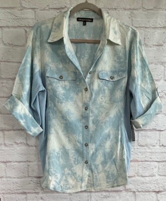 1X/2X/3X New Light Blue Denim Cotton Button Down Shirt Top Blouse Knit Panels