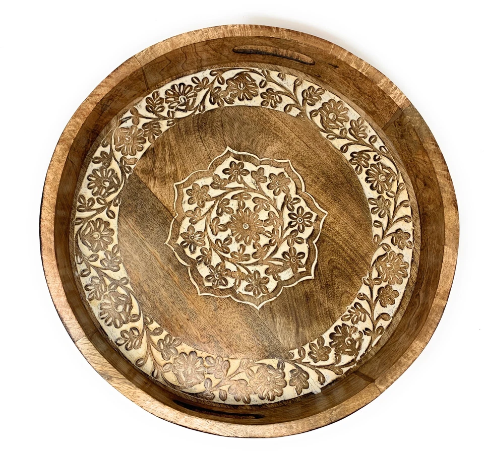 16 Inch Carved Rustic Round Tray Wood Serving Tray console tray Farmhouse Decor - Image 4 of 4