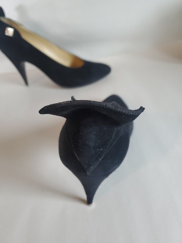 Vintage Maud Frizon Size 37 Paris Black Suede High Heel Pumps Jewel Wing Heel - Picture 5 of 16