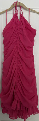 Endless Rose Pink Ruched Ruffle Halter Lined Chiffon Mini Bodycon Dress L