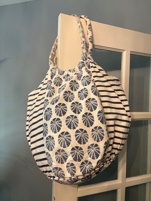 Rock Flower Paper Canvas Beach Tote Bag Sea Urchin White and Blue Stripes Round