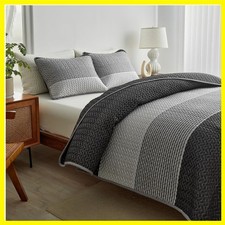 Boho Striped Quilt Set Full Queen Size, 3 Pcs Grey and White Reversible Bedsp...