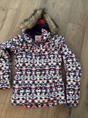 Roxy ski snowboard jacket size XS Dry Flight 10k. Fur Hood. Blue Pink Geometric